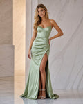 Sage Strapless Floor-Length Satin Sheath Dress