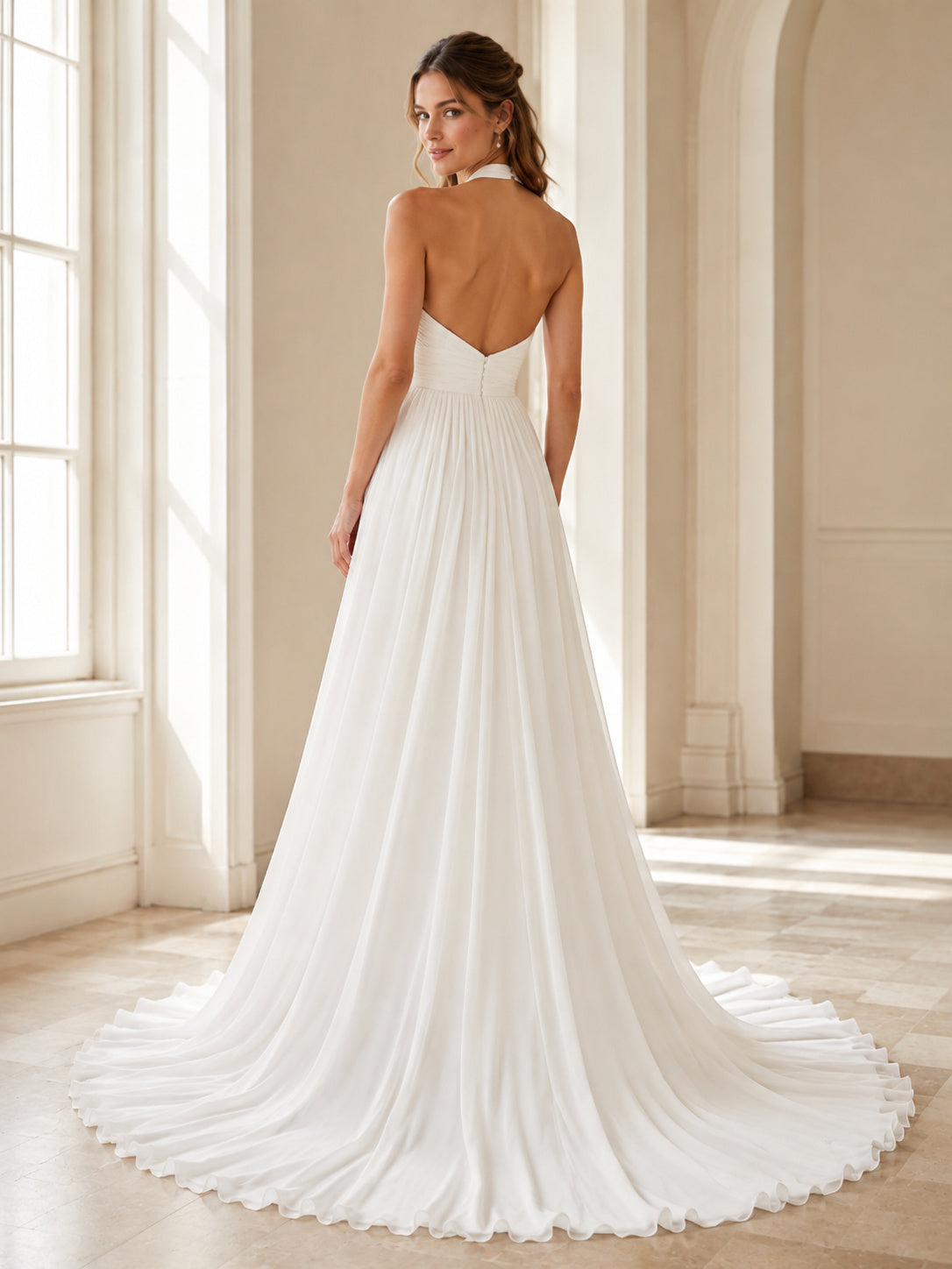Beach Chiffon Wedding Dress A-Line Halter Sleeveless Sweep Train Open Back Bridal Gown back view