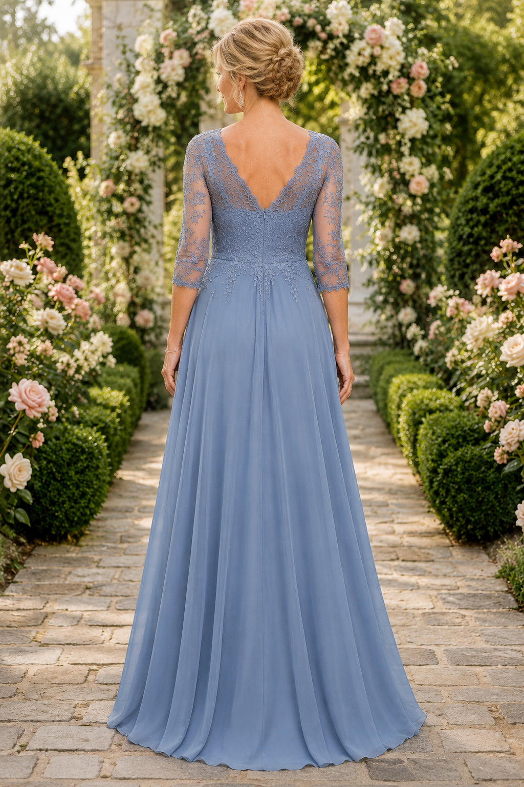 Steel Blue V-Neck A-Line Mother Dress with Illusion Sleeves and Chiffon Skirt for Evening Reception back view
