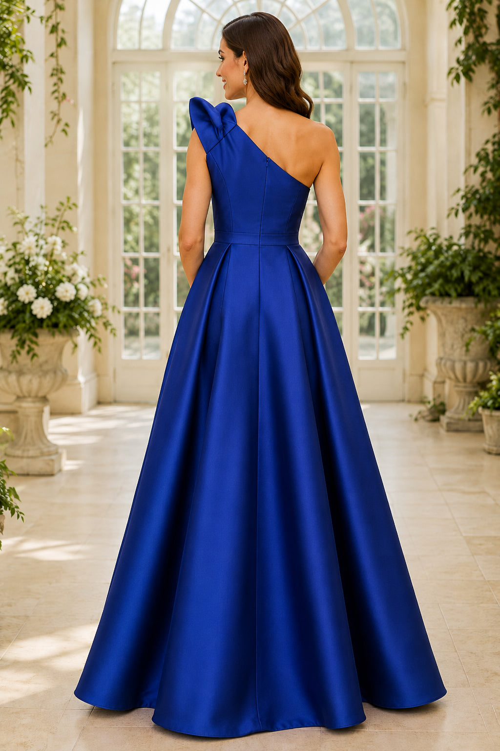 Evening Gown Royal Blue Satin Ball Gown One Shoulder Sleeveless Floor Length back view