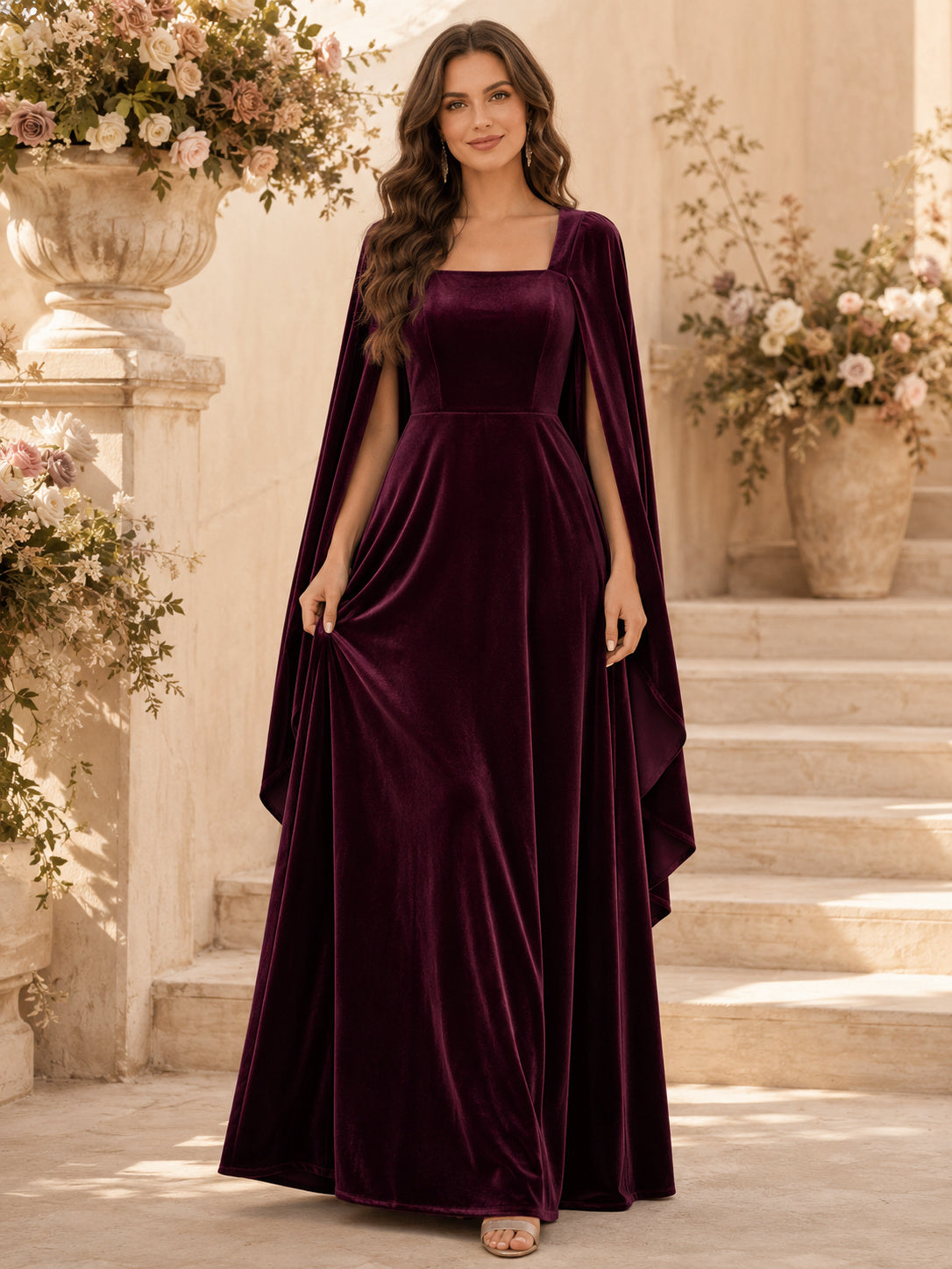 Formal Elegant Plum Square Neck Velvet Cape Formal Guest Dress front view