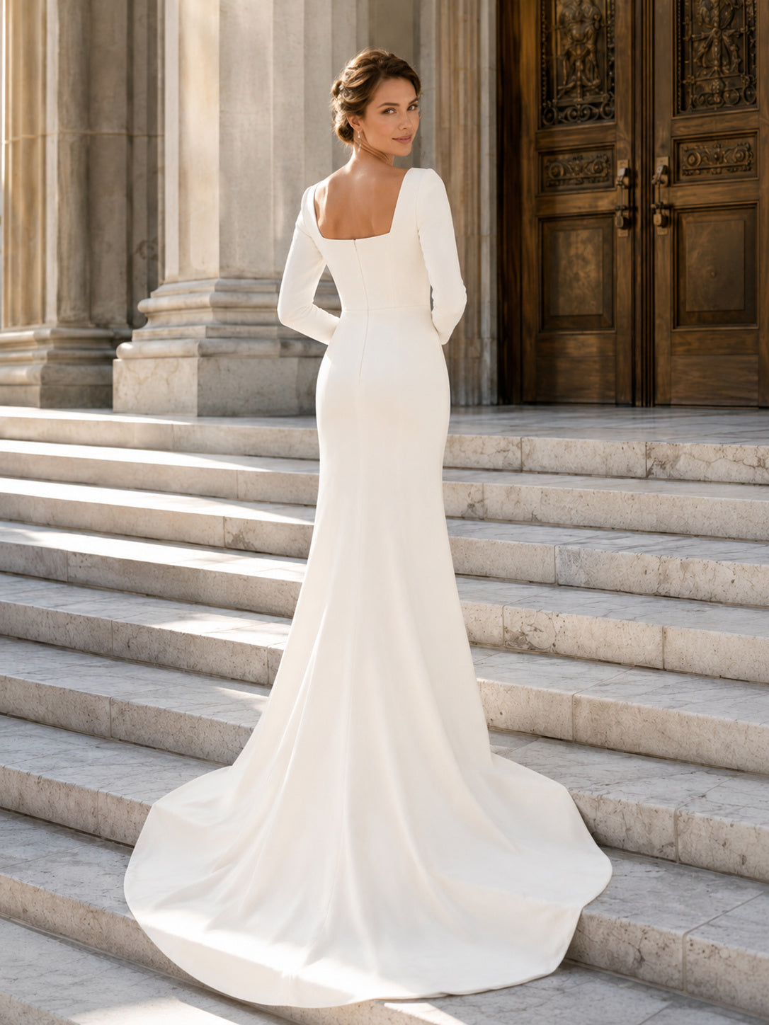 Modest Bateau Long Sleeve A Line City Hall Wedding Dress back view