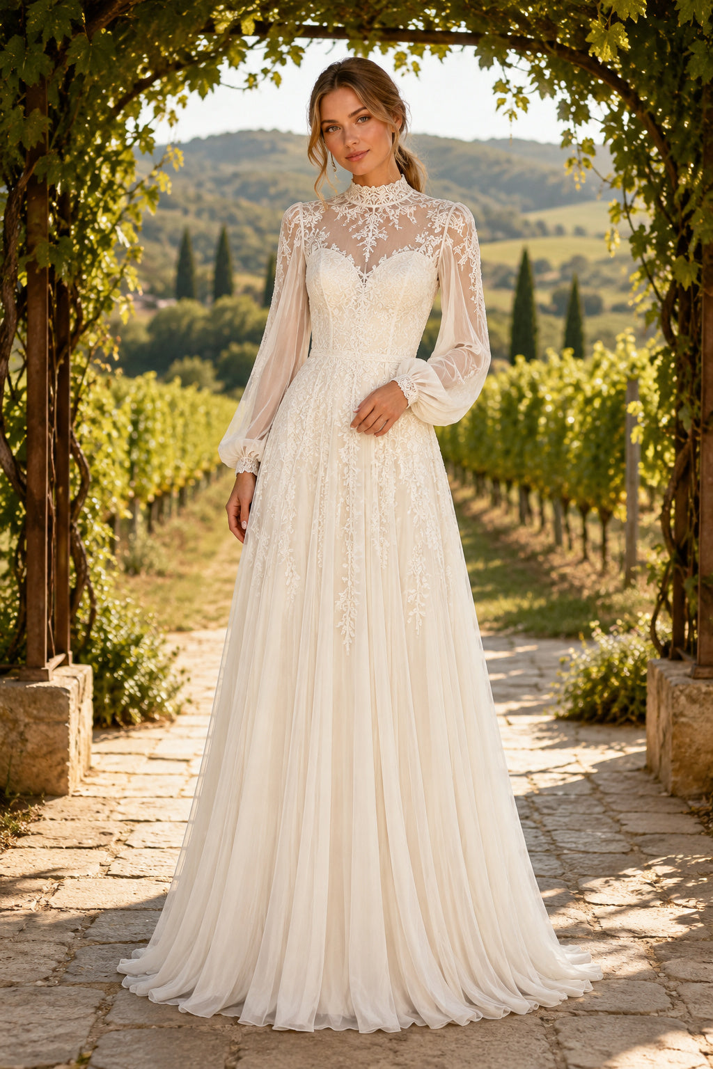 High Neck Long Sleeve A-Line Wedding Dress with Lace Bodice and Chiffon Train for Beach Garden Ceremony Style MG_701291 front