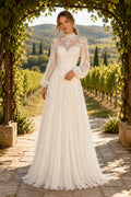 High Neck Long Sleeve A-Line Wedding Dress with Lace Bodice and Chiffon Train for Beach Garden Ceremony Style MG_701291 front