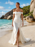 Modern Off Shoulder Satin Mermaid Split Front Chapel Train Destination Wedding Gown front view