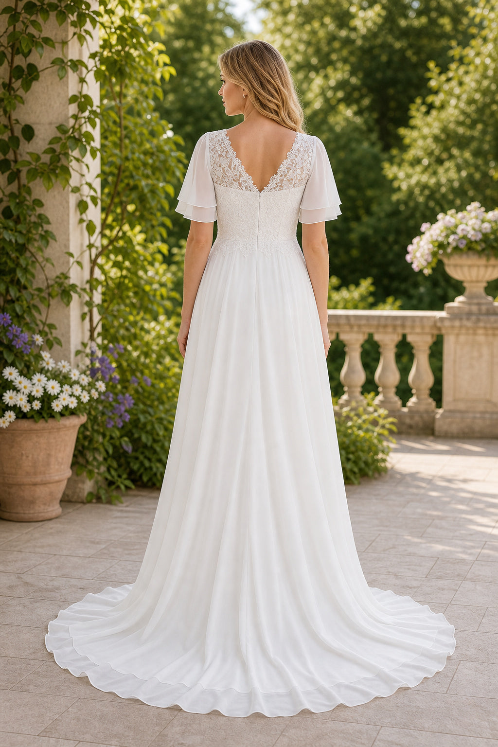 Ivory Sweetheart A-Line Chiffon Floor-length Wedding Dress With Floral Appliques and Front Slit and Open Back