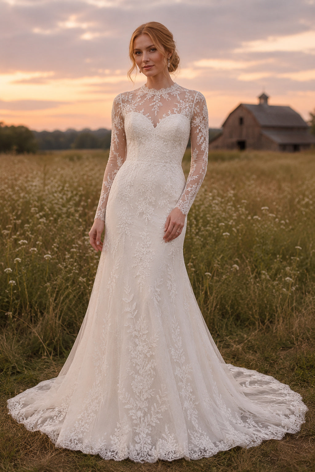 High Neck Long Sleeve Mermaid Wedding Dress with Allover Lace and Sweep Train for Rustic Garden Ceremony Style MG_700662 fron