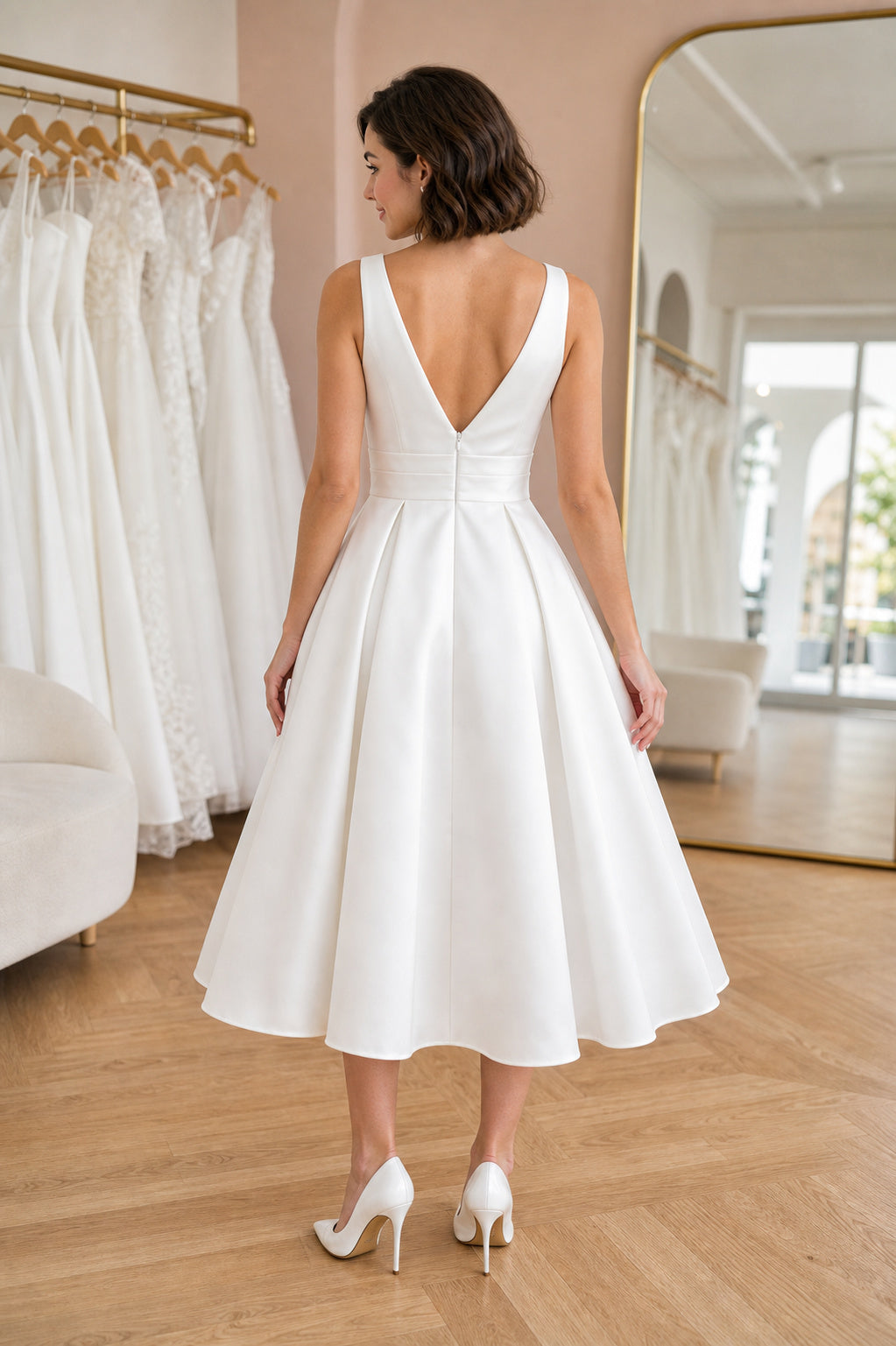 Champagne V-neck A-Line Satin Tea-length Dress With Pleats and Open Back