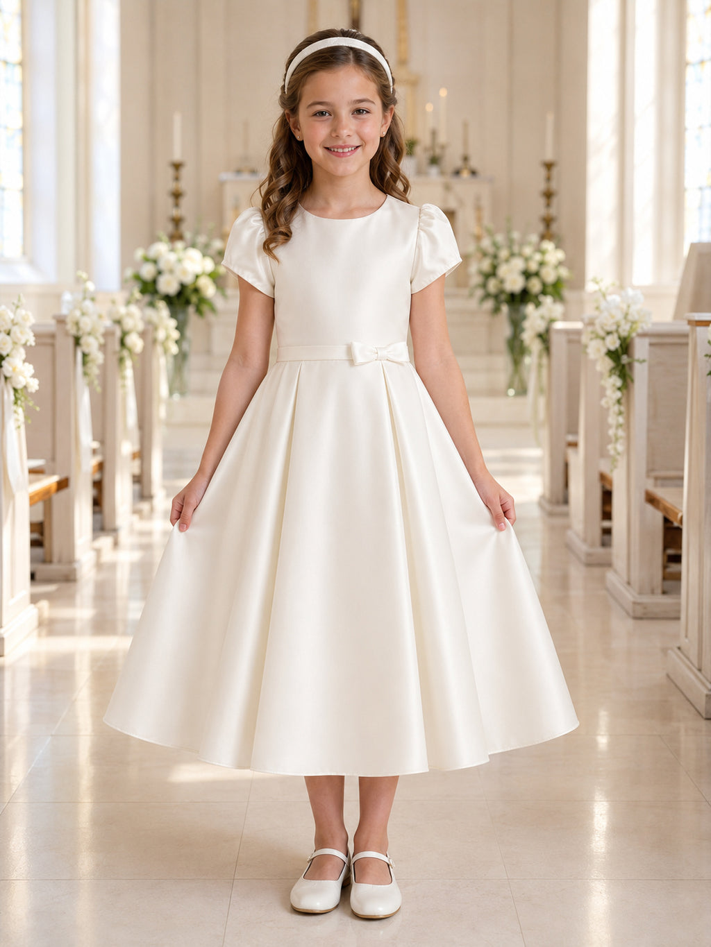 Simple Puff Sleeve Satin Communion Flowergirl Tea Length Church Dress front view