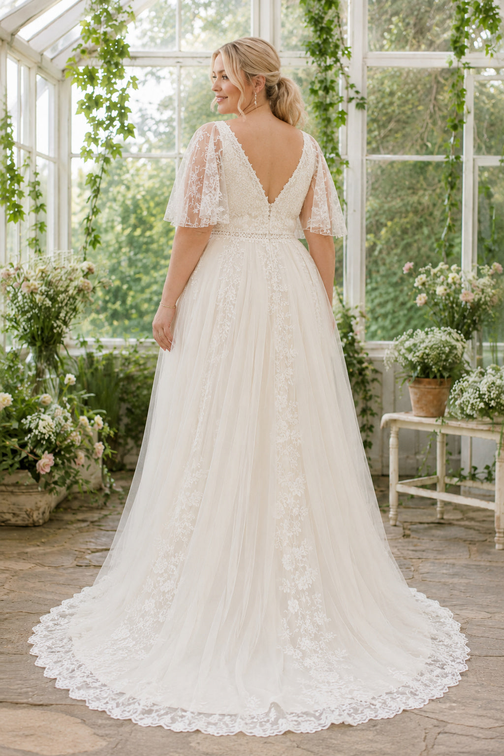Plus Size Ivory V-Neck Flutter Sleeve Lace Tulle A-Line Wedding Dress with Flutter Sleeves and Floral Lace Panel back view