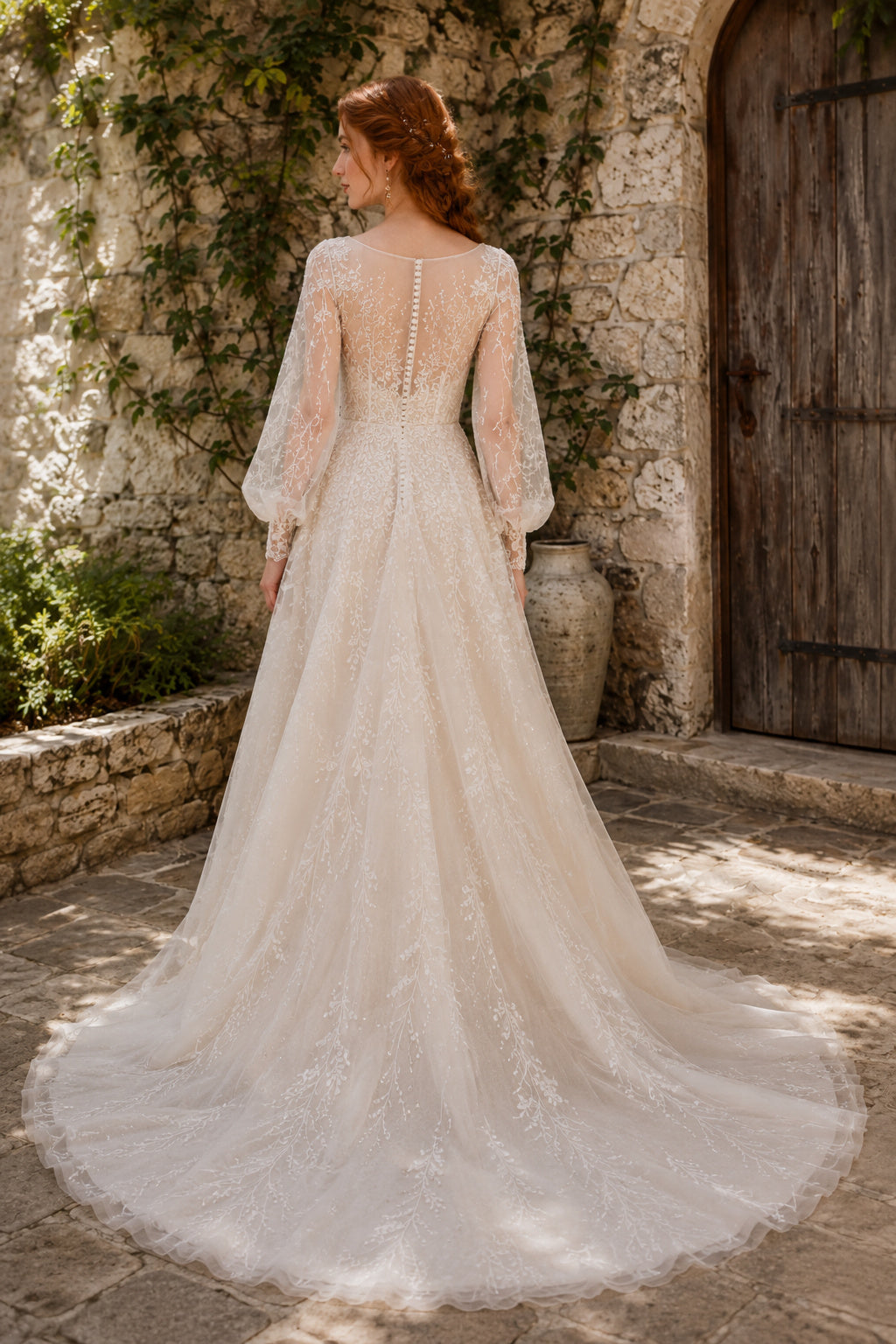 Ivory Romantic Bateau Neck A-Line Lace Tulle Wedding Dress with Long Poet Sleeves and Chapel Train back view