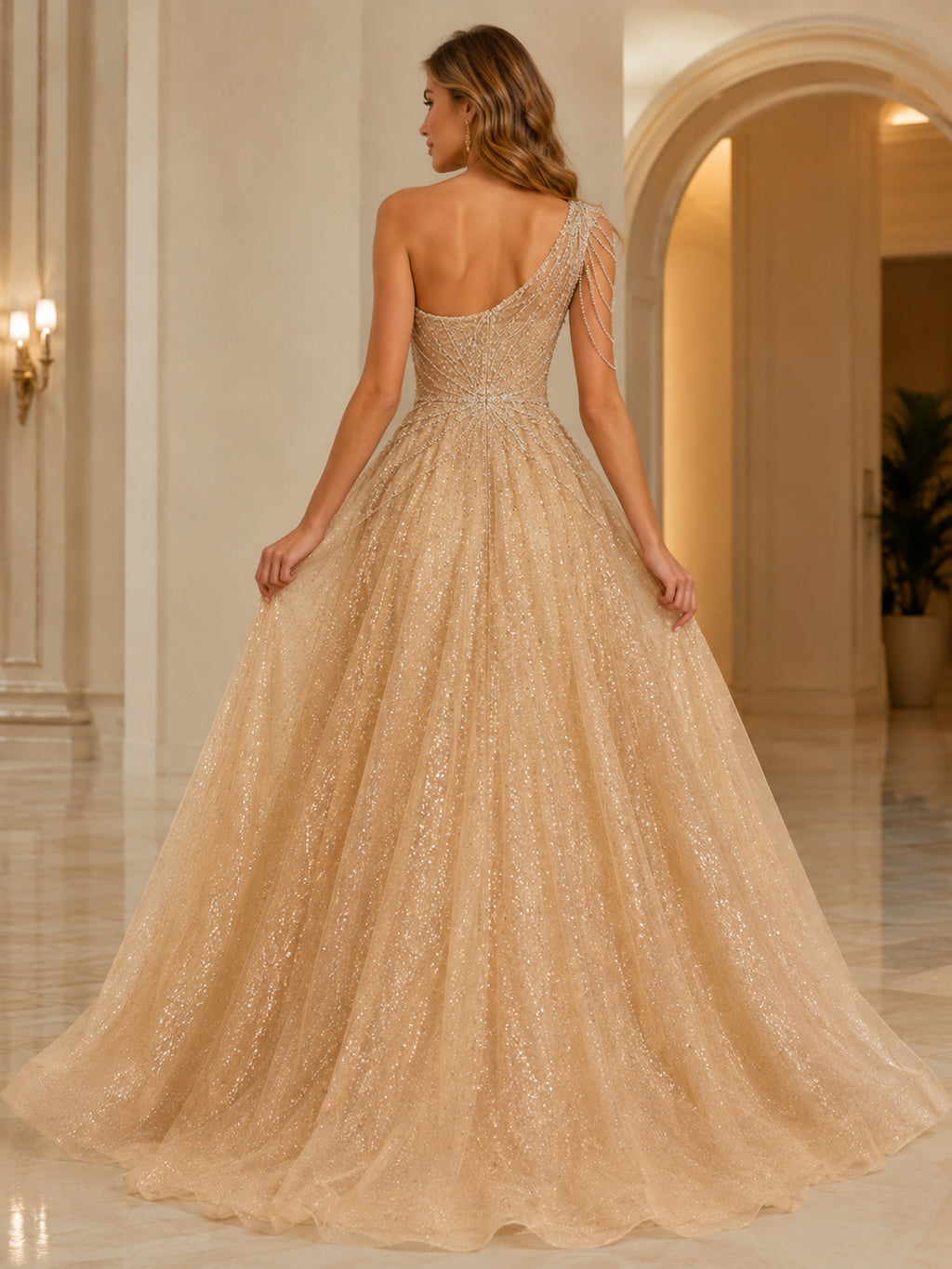 Gold Luxury One Shoulder Crystal Draped Glitter Tulle Sweet Sixteen Princess Ball Gown back view