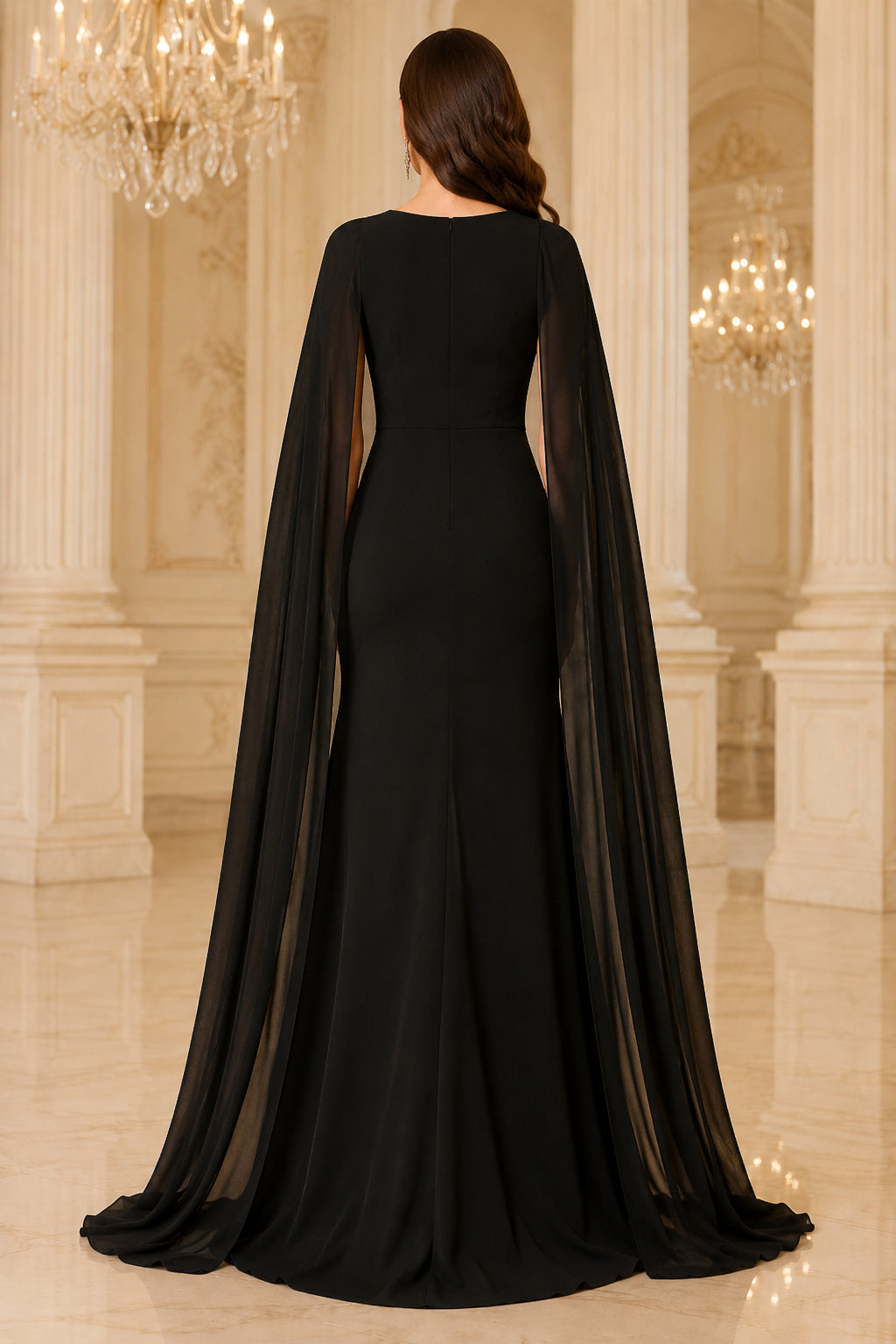 Black Jewel Neck Sheath Evening Dress with Sheer Cape Sleeves and Floor Length Skirt back view