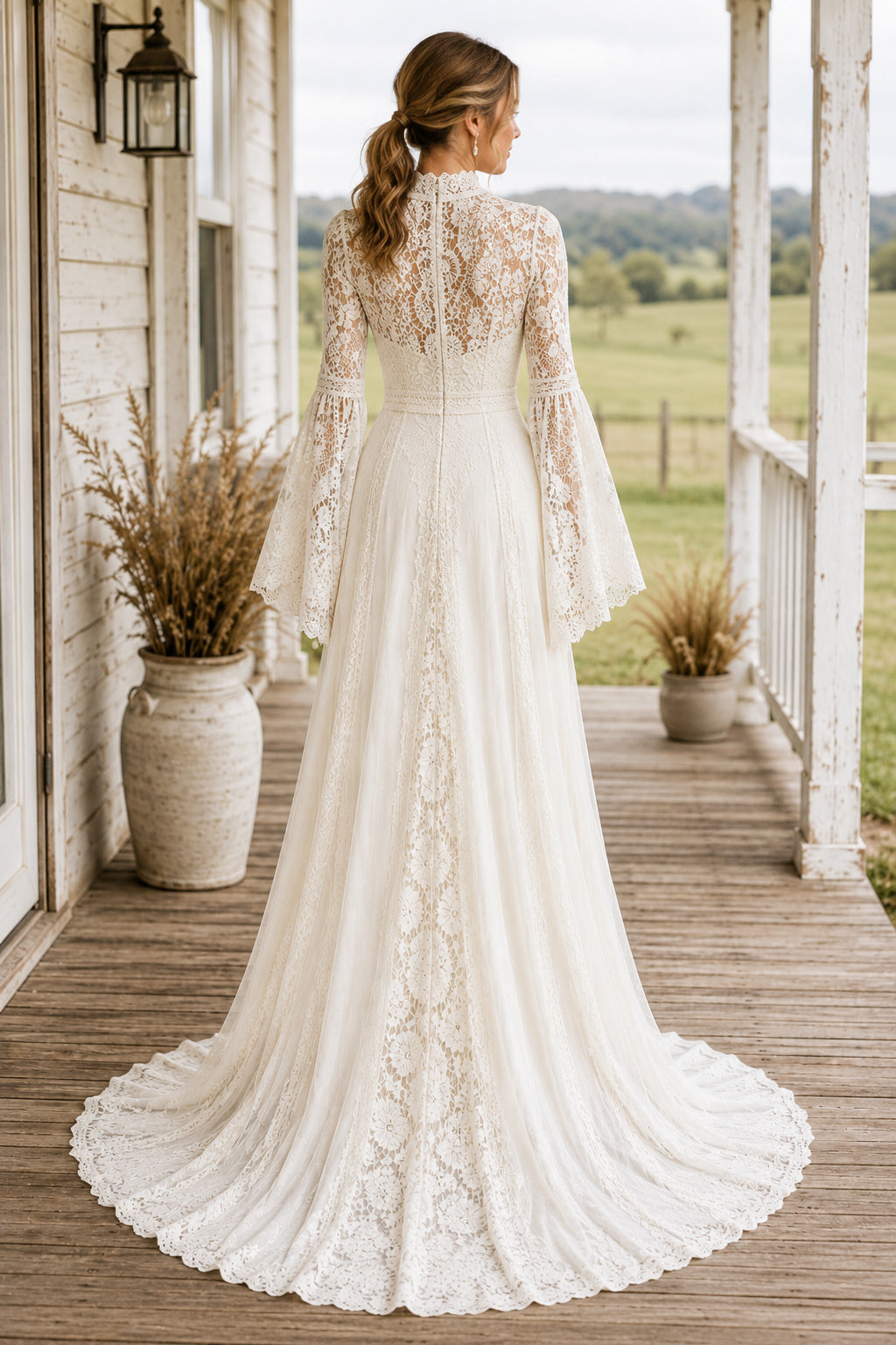 High Neck Long Sleeve A-Line Wedding Dress with Lace Appliques and Full Tulle Train back view