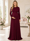 Burgundy Modest Maternity Jewel Neck Long Sleeve Jersey Empire Floor-Length Dress front view