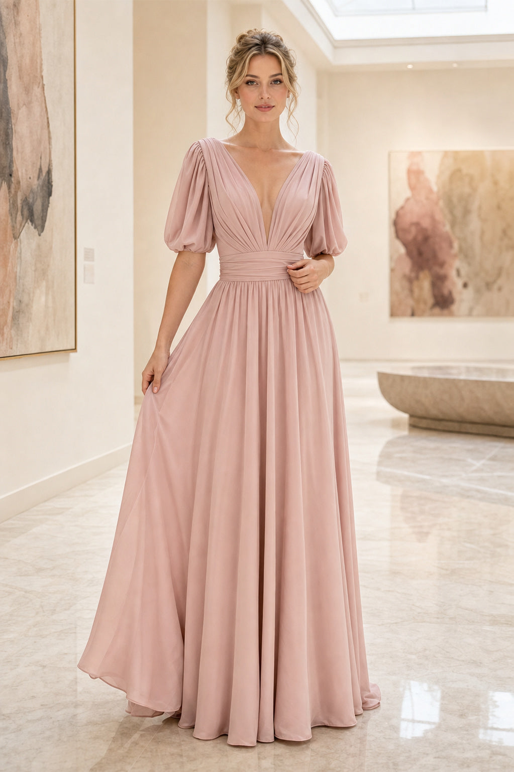 Dusty Rose V-neck Flutter Sleeves A-Line Chiffon Floor-length Formal Dress With Ruching and Open Back