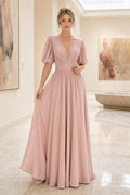 Dusty Rose V-neck Flutter Sleeves A-Line Chiffon Floor-length Formal Dress With Ruching and Open Back
