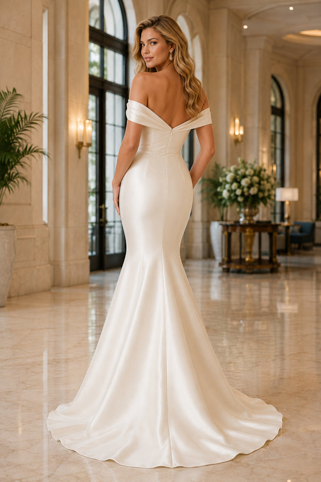 Ivory Off-the-Shoulder Satin Mermaid Wedding Dress with Sweetheart Neck and Sweep Train back view