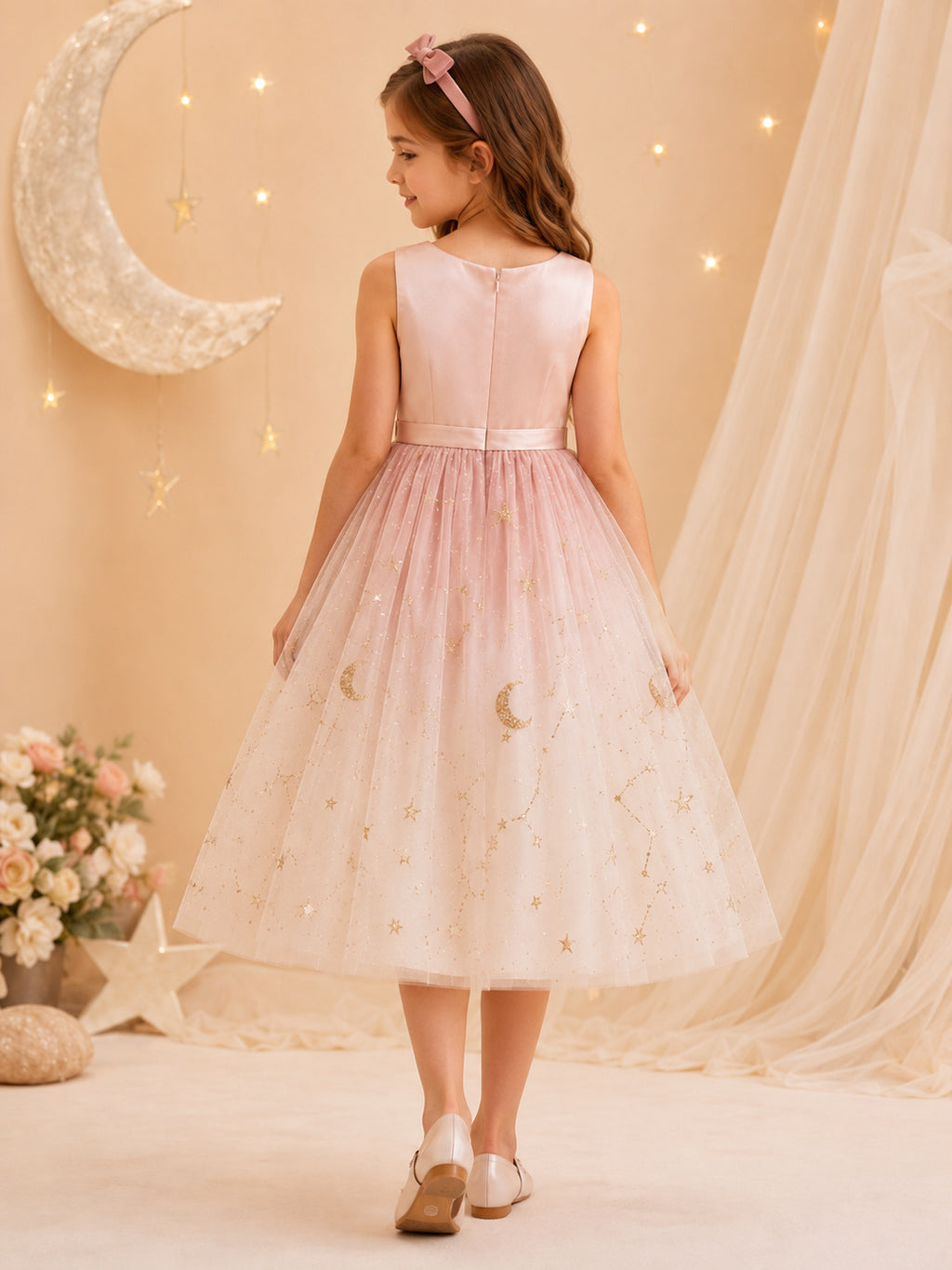 Flower Girl Dress A-Line Blush Moon Star Tulle Sleeveless Evening back view
