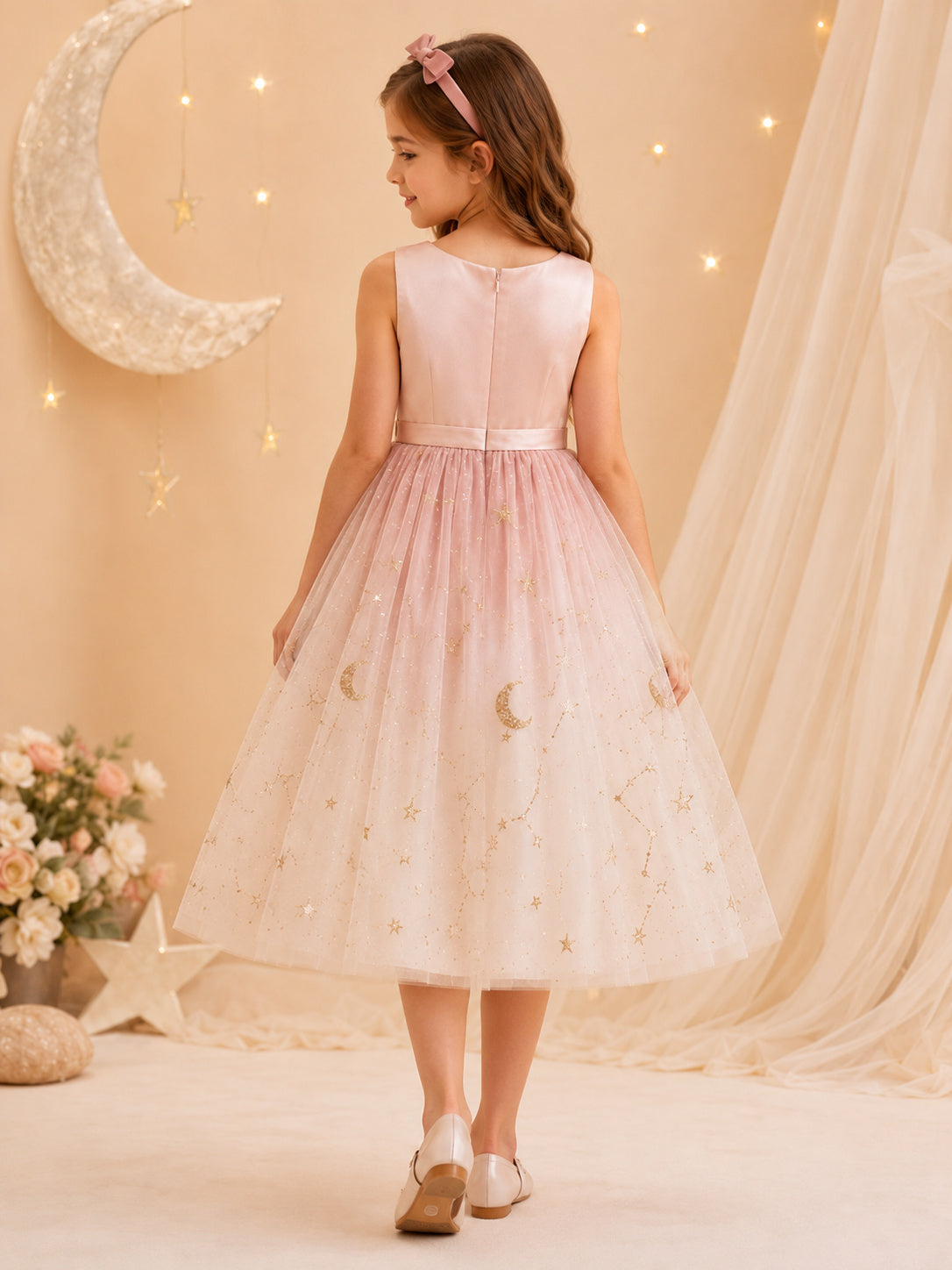 Flower Girl Dress A-Line Blush Moon Star Tulle Sleeveless Evening back view