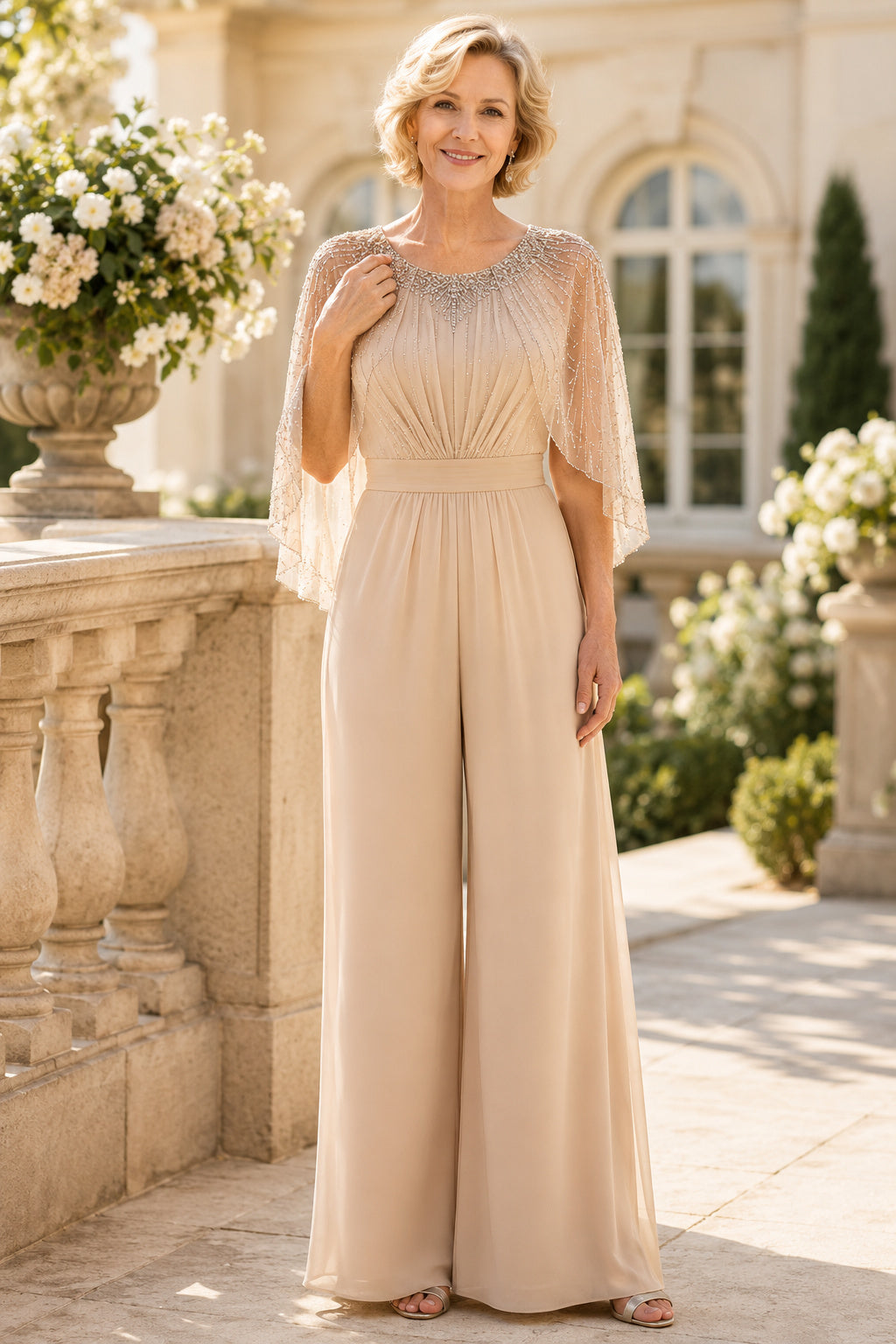 Champagne Jewel Neck Mother Jumpsuit with Sheer Cape and Wide Leg Pants for Formal Reception front view