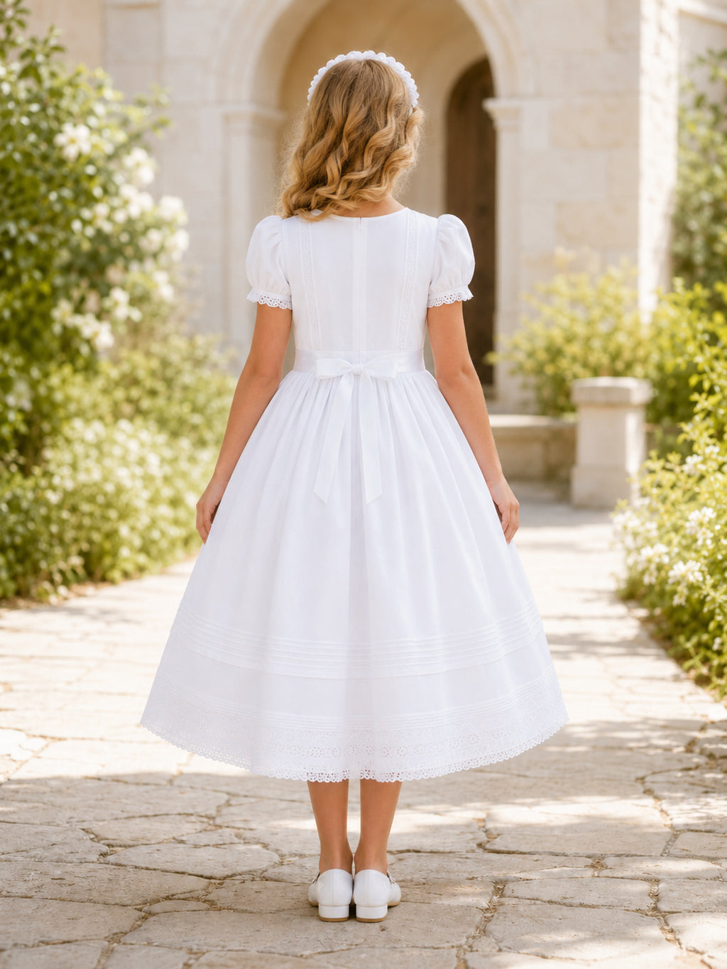 Summer Jewel Neck Puff Sleeve Cotton Tea Length First Communion Dress back view