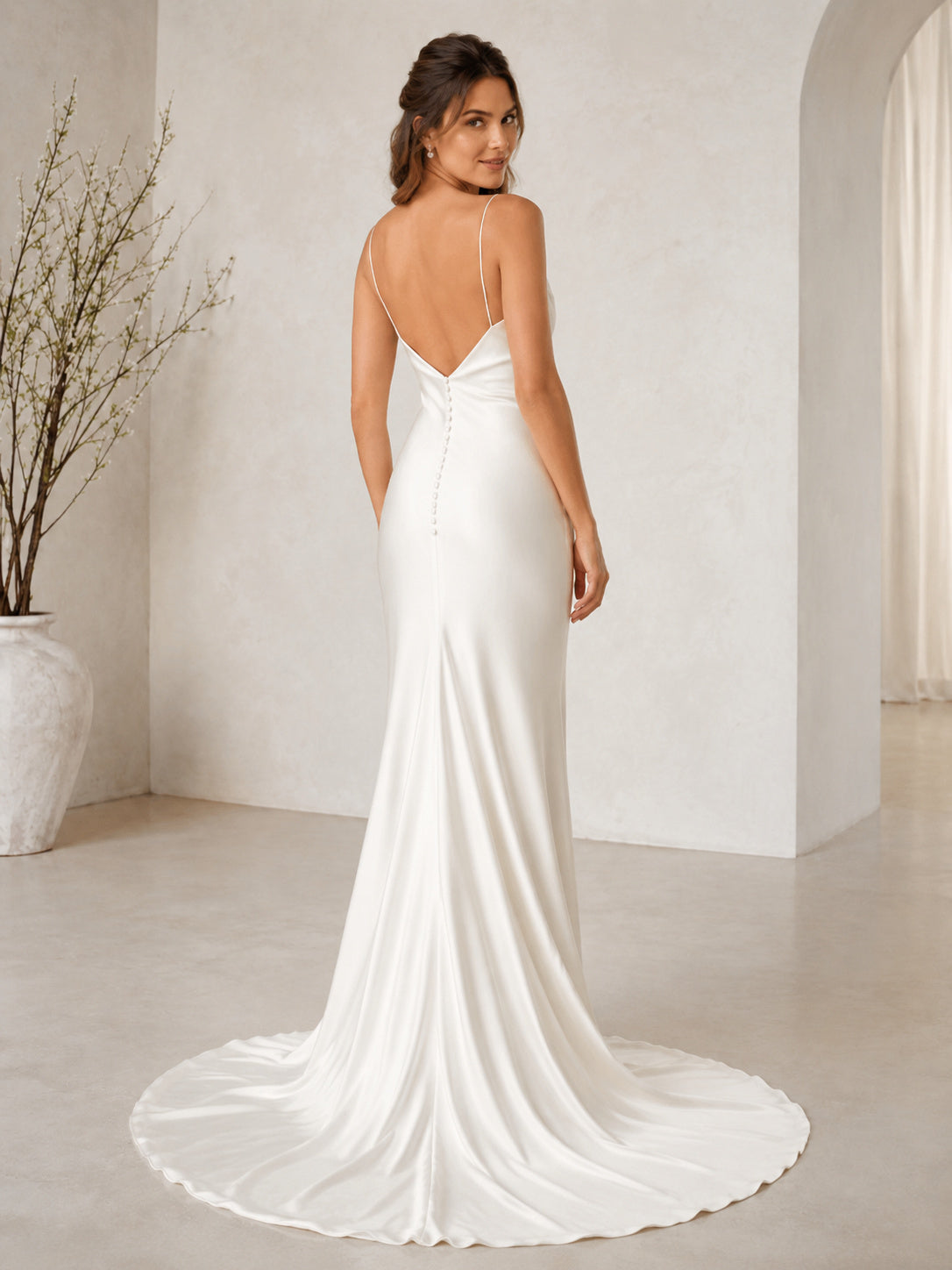 Beach Satin Wedding Dress Sheath Strapless Sweetheart Sweep Train Open Back Bridal Gown back view