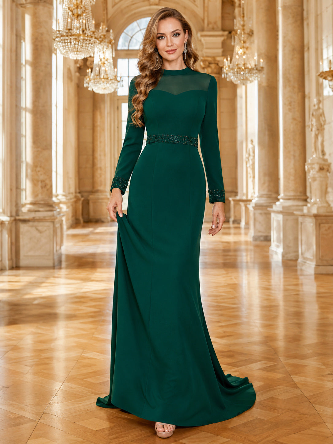 Emerald Long Sleeve Sheath Modest Gala Evening Gown front view