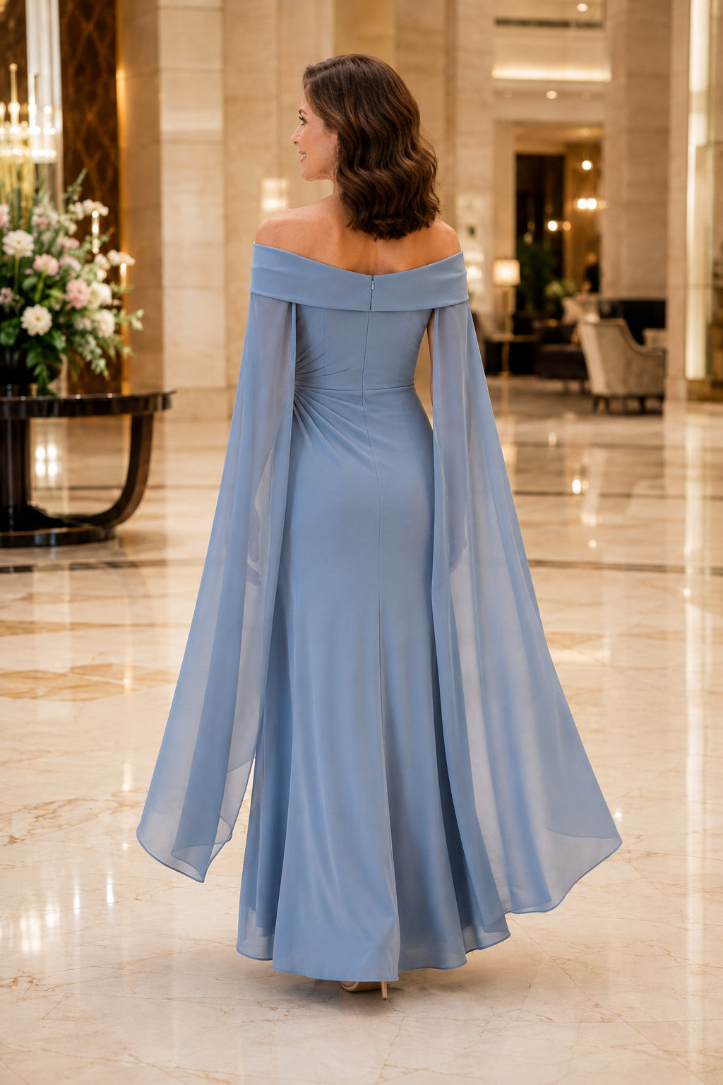 Steel Blue Off the Shoulder Sheath Mother Dress with Cape Sleeves and Ruching for Evening Reception back view
