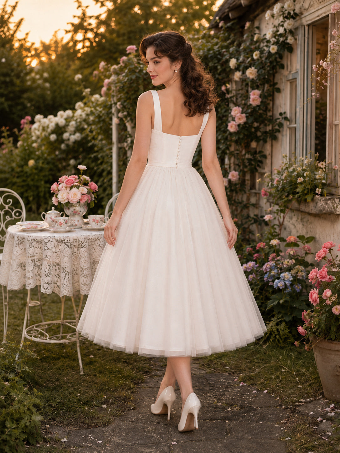 Square Neck Tulle Tea Length Garden Wedding Dress back view