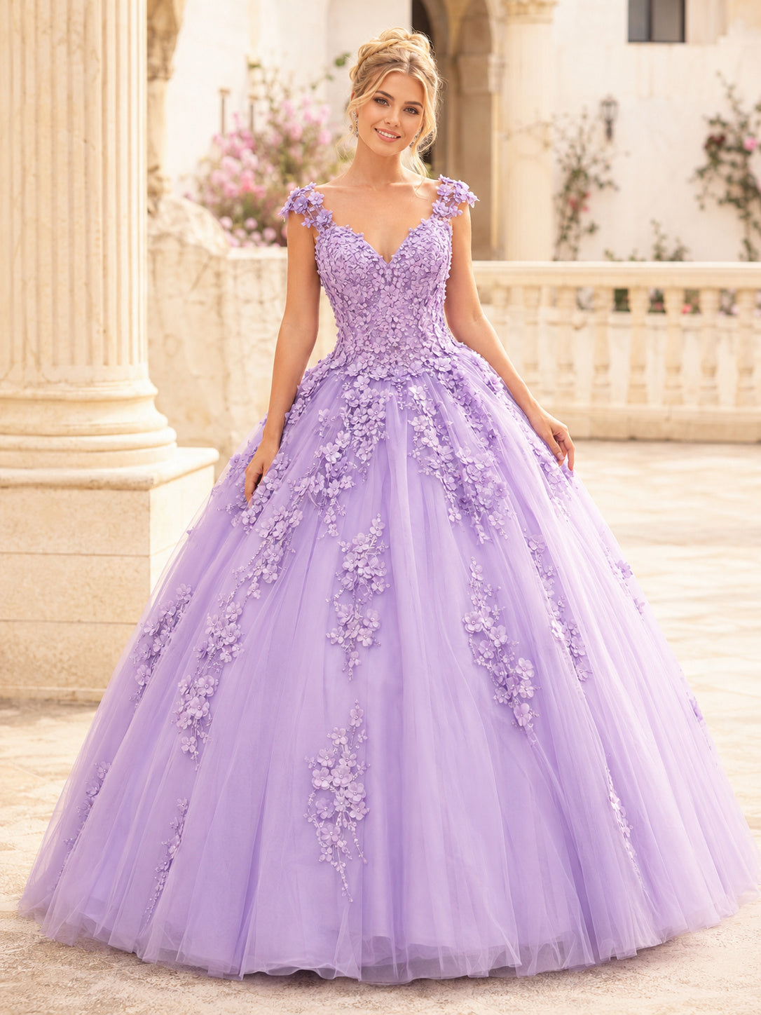Lavender Luxury V Neck Floral Straps Applique Tulle Princess Quinceanera Ball Gown front view