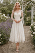 Ivory Illusion Bateau Neck Long Sleeve Lace Tulle Tea-Length Wedding Dress with Long Lace Sleeves and Scalloped Hem front vie