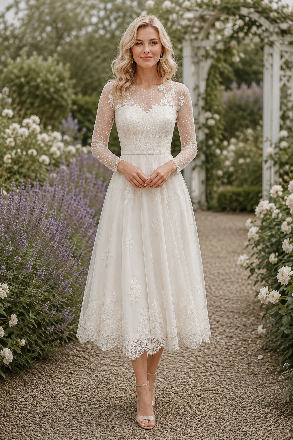 Ivory Illusion Bateau Neck Long Sleeve Lace Tulle Tea-Length Wedding Dress with Long Lace Sleeves and Scalloped Hem front vie