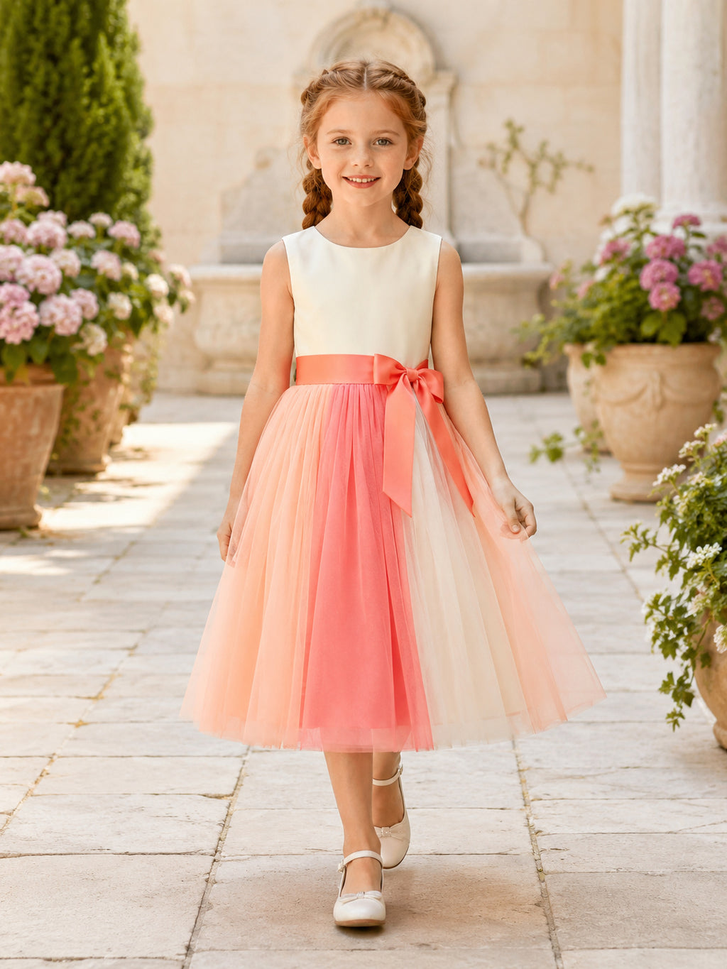 Watermelon Color Block A-Line Tulle Flower Girl Dress, Sleeveless Jewel Neck, Sash Ribbon, Tea-Length Reception front view