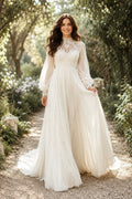 Ivory Luxury High Neck Ball Gown Full Tulle Wedding Dress with Long Puff Sleeves and Chapel Train front view