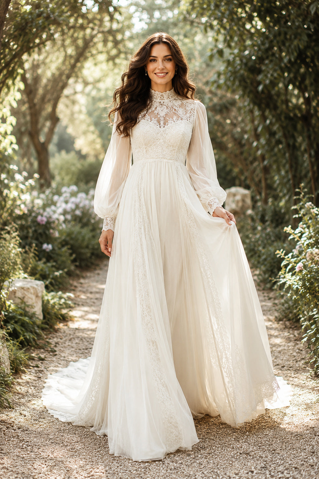 Ivory Luxury High Neck Ball Gown Full Tulle Wedding Dress with Long Puff Sleeves and Chapel Train front view