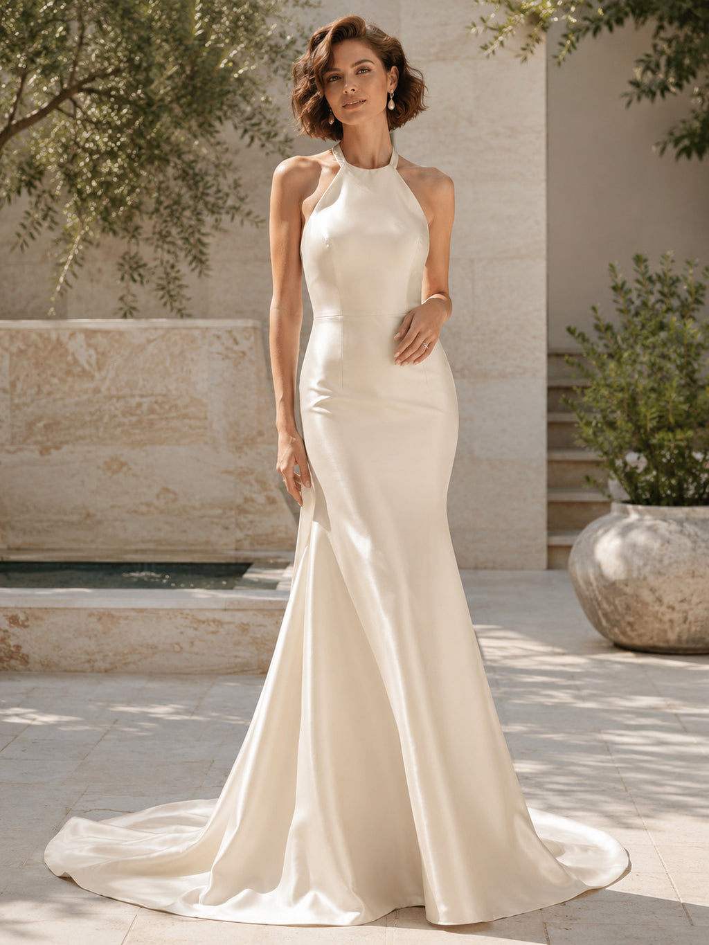 Minimalist Satin Wedding Dress Mermaid Halter Sleeveless Sweep Train Bridal Gown Style 722224 front view