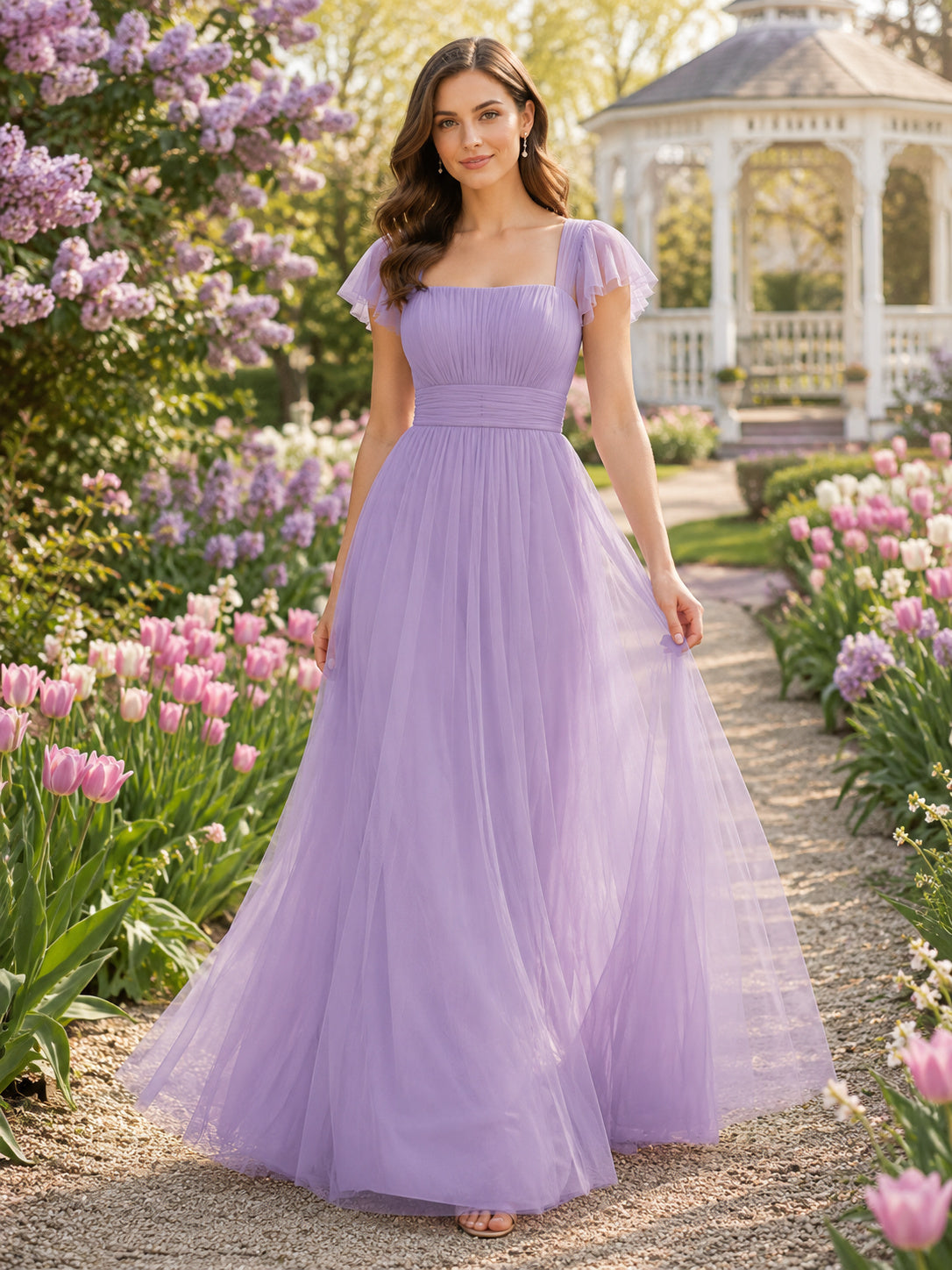 Lavender cap sleeve square neck tulle floor length bridesmaid gown front view