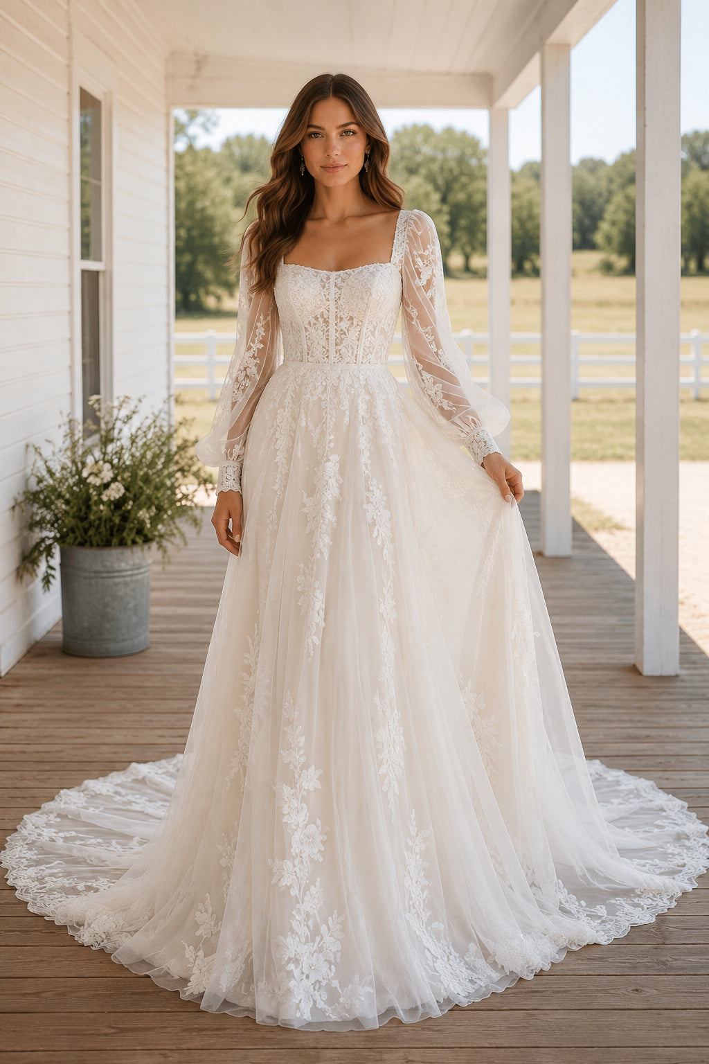 Square Neck Long Sleeve A-Line Wedding Dress with Lace Overlay and Chapel Train for Rustic Garden Ceremony front view