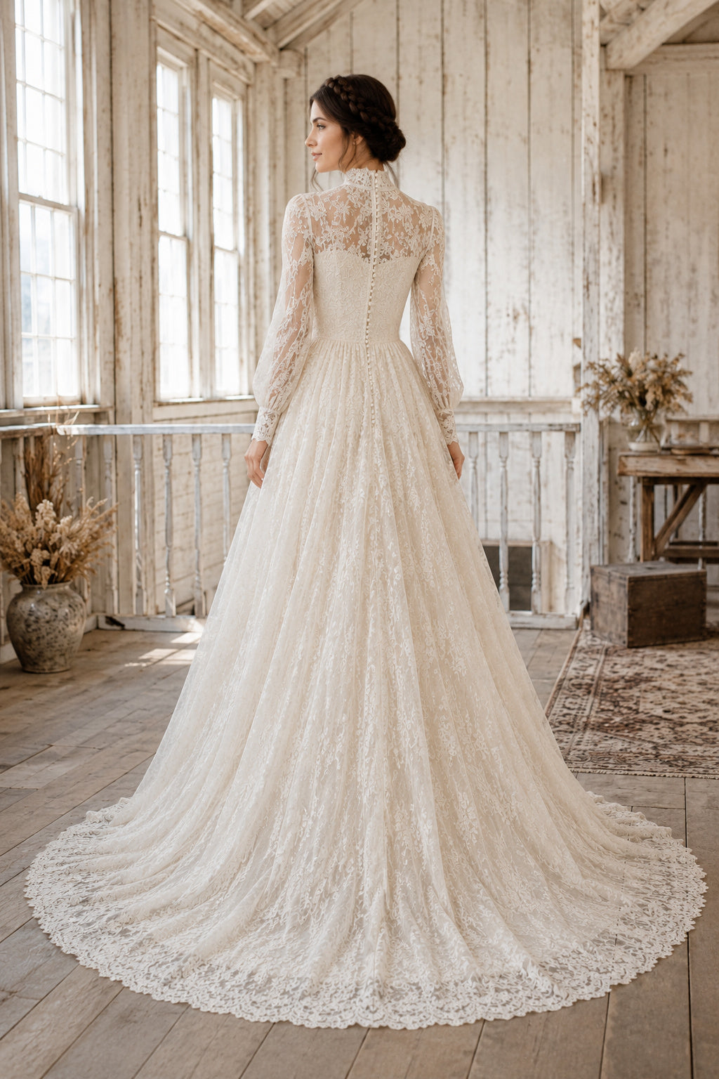 Ivory Luxury High Neck Ball Gown Full Lace Tulle Wedding Dress with Long Lace Sleeves and Chapel Train back view