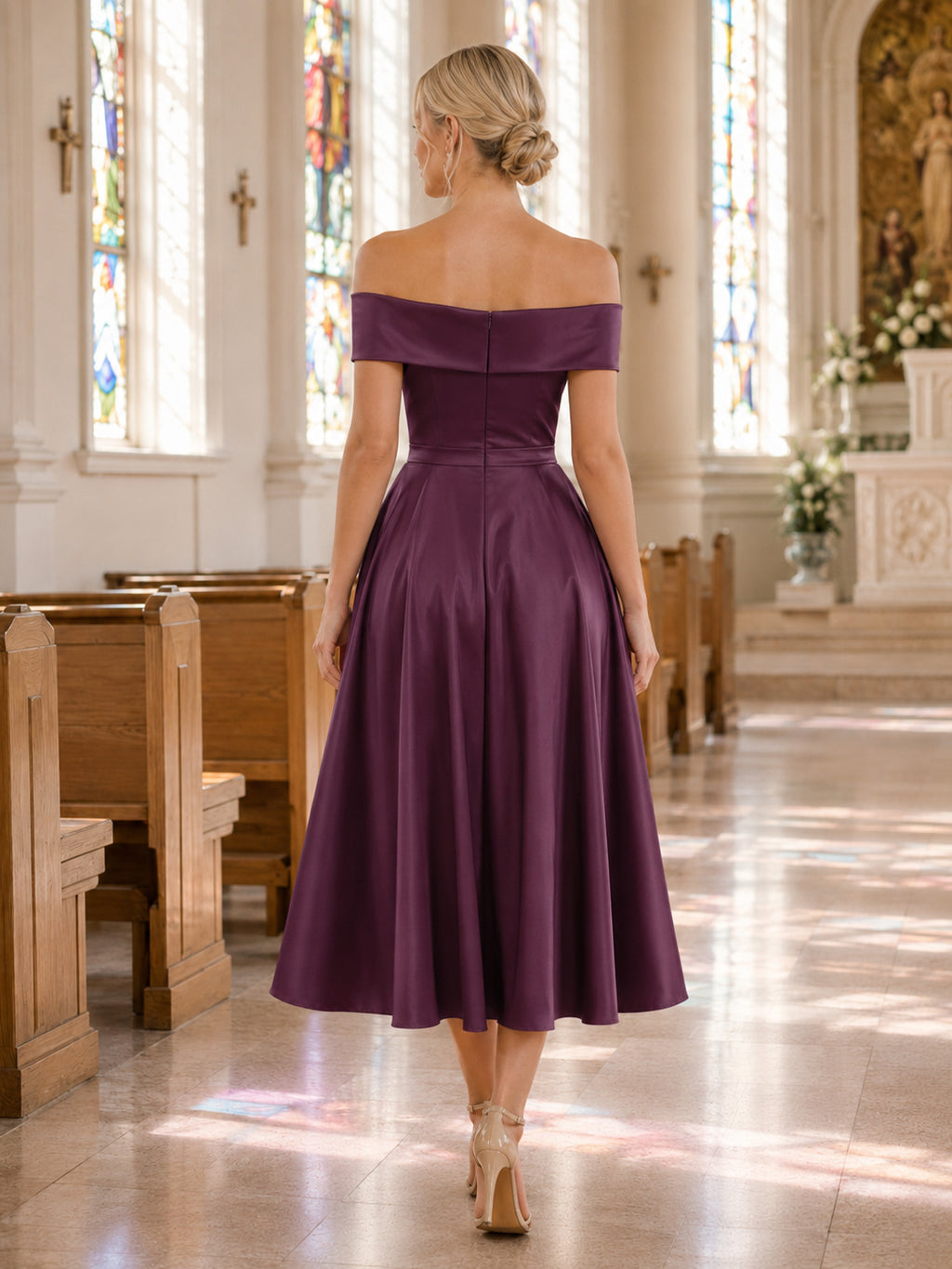 Plum Off Shoulder Satin A Line Chapel Guest Midi Dress back view