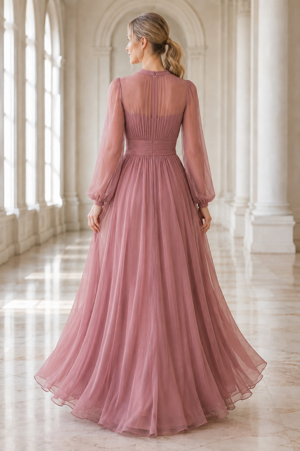 Dusty Rose Jewel Neck Chiffon A-Line Bridesmaid Dress with Long Poet Sleeves and Pleated Skirt back view