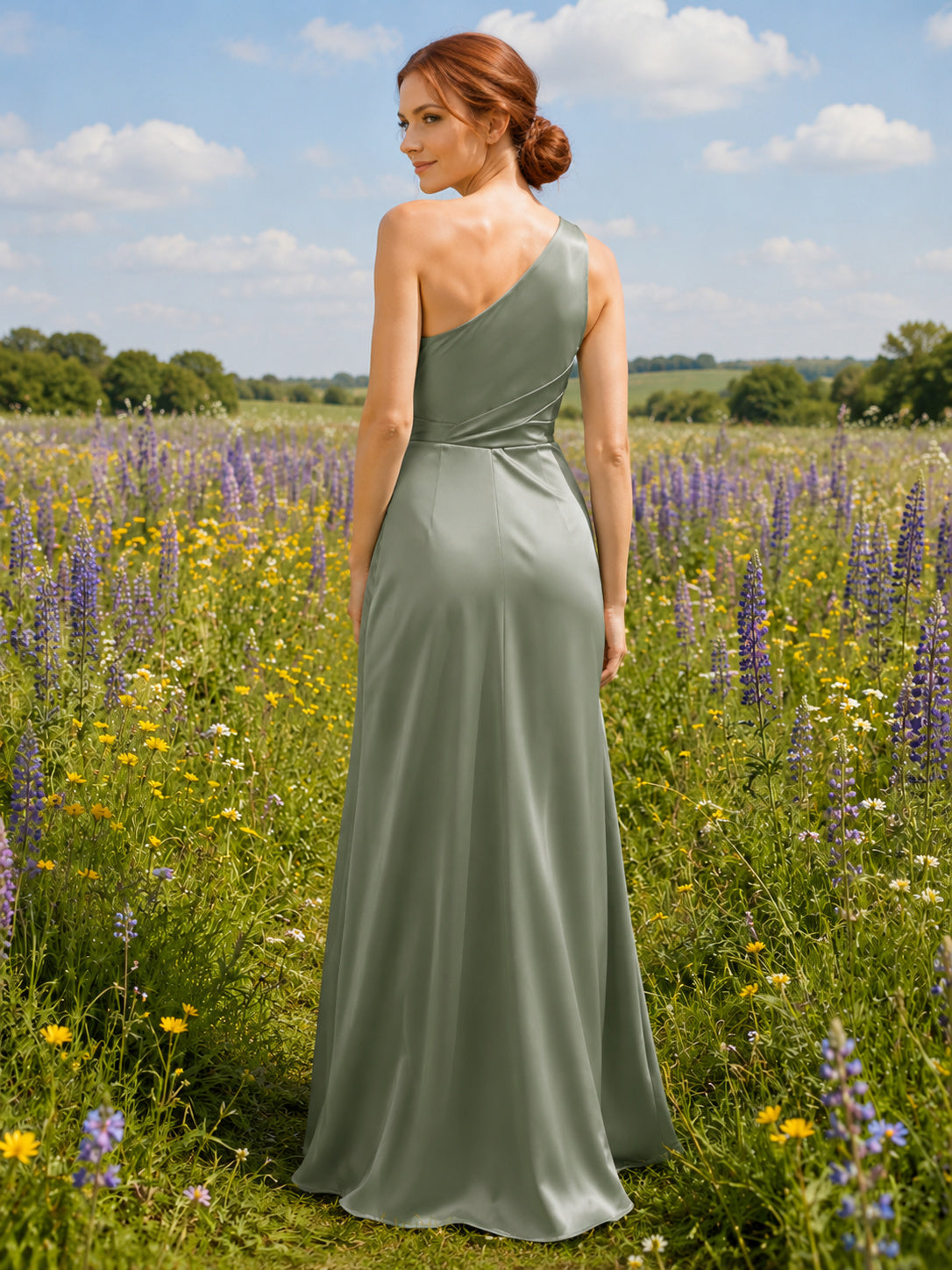Sage Satin Sheath One-Shoulder Sleeveless Ruched Low Back Floor-Length Bridesmaid Dress back view
