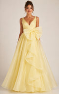Pastel Yellow Organza Prom Dress with Oversized Bow V-Neck Gown front view