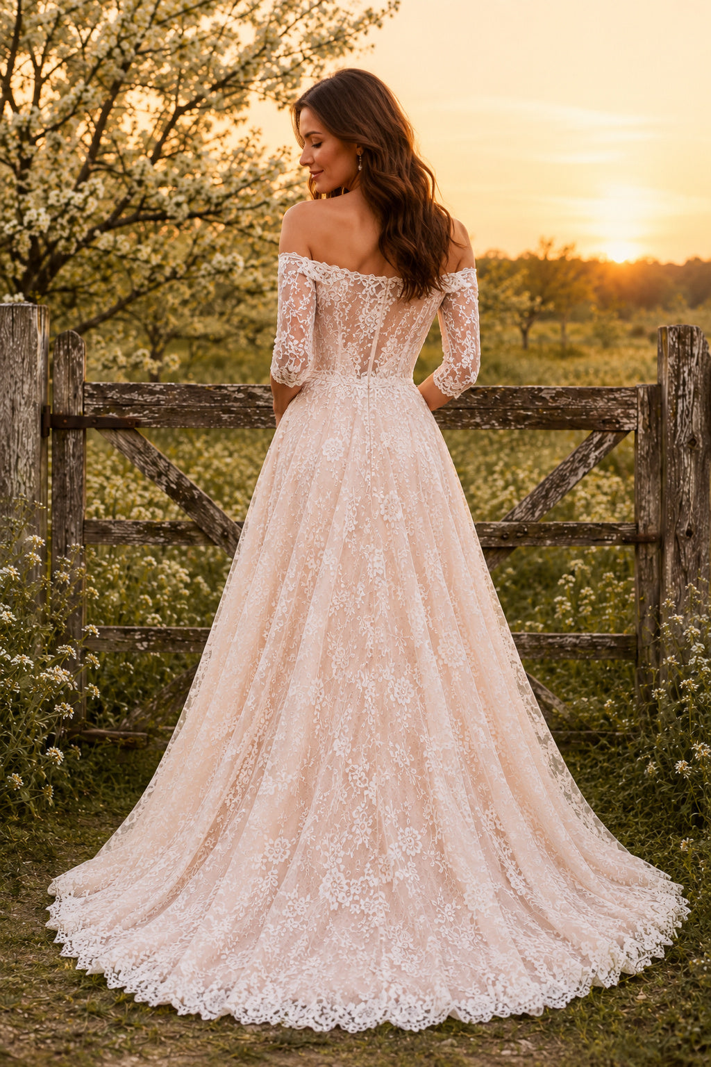 Blushing Pink Off the Shoulder A-Line Wedding Dress with Lace Sleeves and Full Train back view