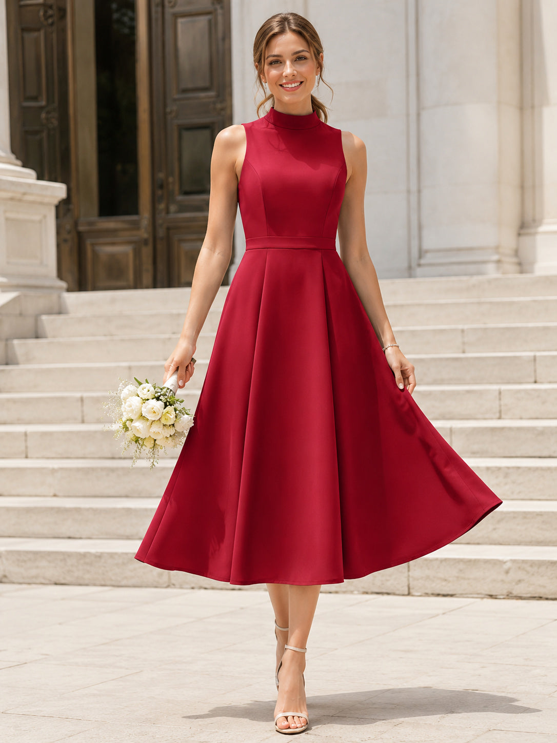 Red Courthouse High Neck Sleeveless A-Line Wedding Dress front view