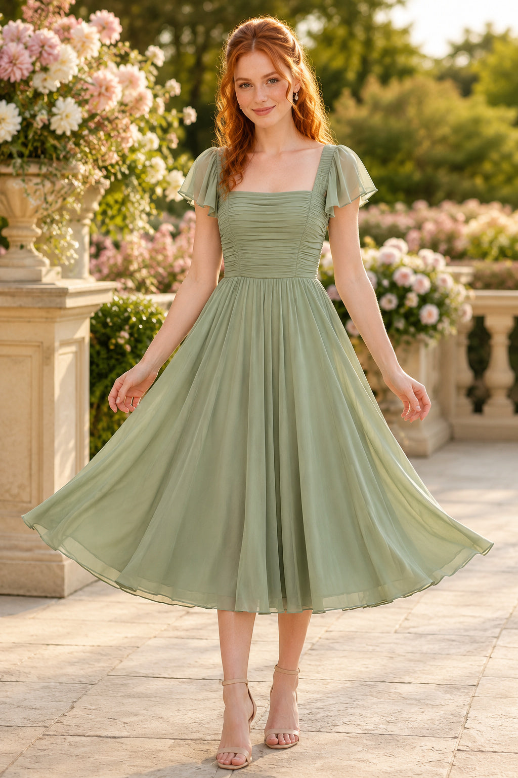 Sage Square Neck Chiffon Tea-Length Bridesmaid Dress with Flutter Sleeves front view