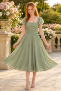 Sage Square Neck Chiffon Tea-Length Bridesmaid Dress with Flutter Sleeves front view