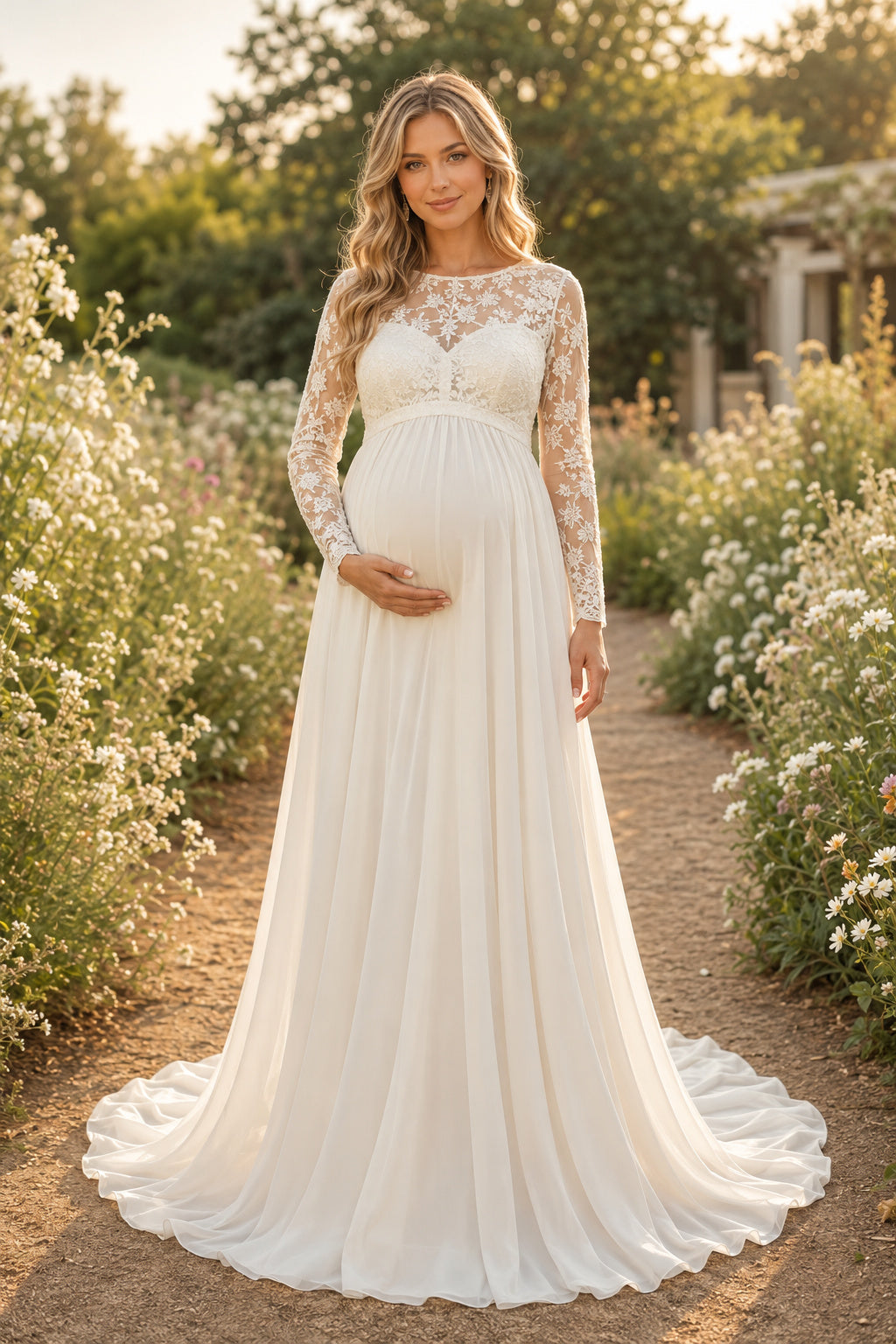 Ivory Maternity Jewel Neck Long Sleeve Lace A-Line Wedding Dress with Chiffon Skirt front view