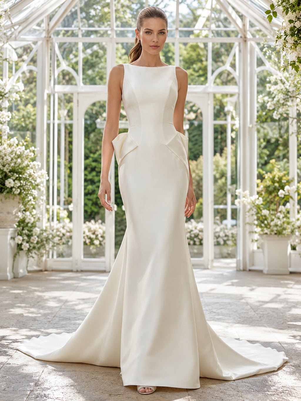 Minimalist Satin Wedding Dress Mermaid Bateau Neck Sleeveless Sweep Train Bridal Gown front view